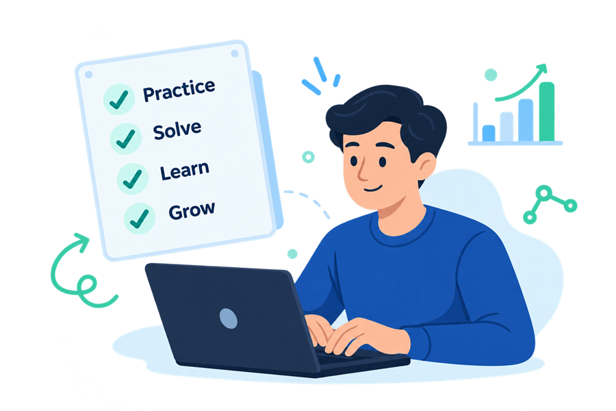 Learner working on a laptop beside a Practice, Solve, Learn and Grow checklist and analytics charts